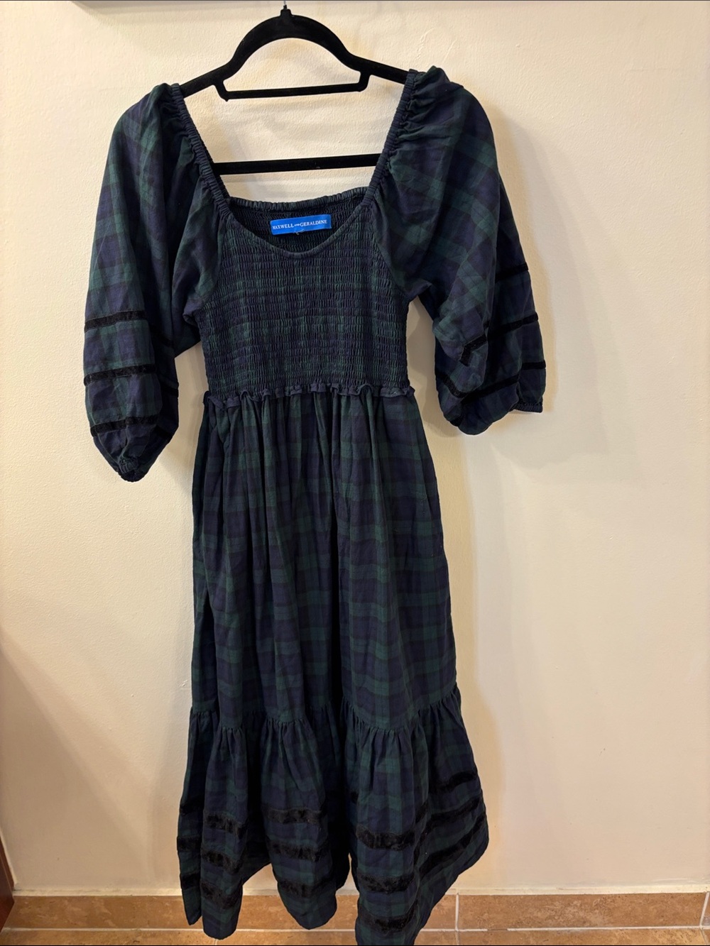 Maxwell and Geraldine Blue Green Plaid Smocked Women’s Dress with Puff Sleeves